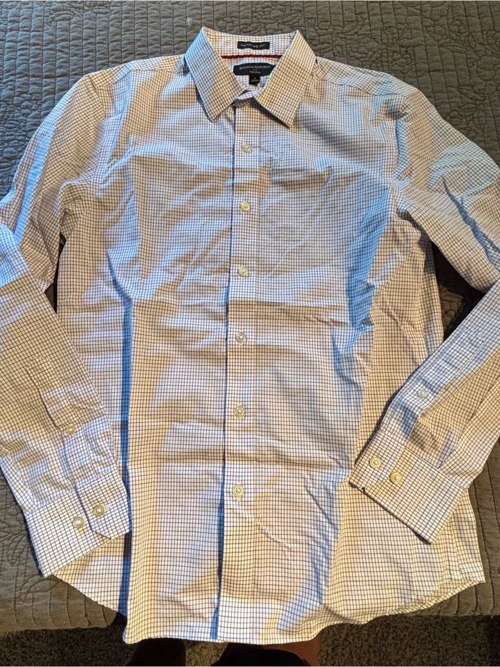 Banana Republic Men's Blue and White Micro-Check Dress Shirt